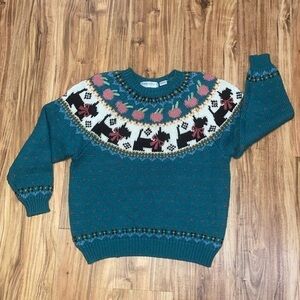 Northern Isles women’s  sweater Medium knit hearts dog unique Vintage teal pink